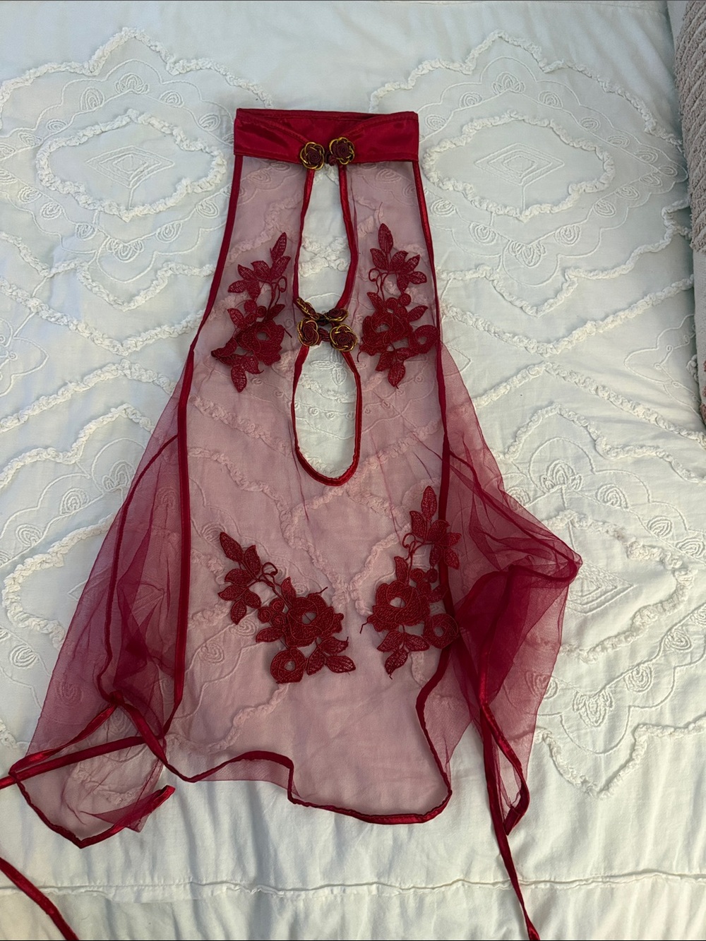 Sheer Floral Appliqué Halter Babydoll - Red
